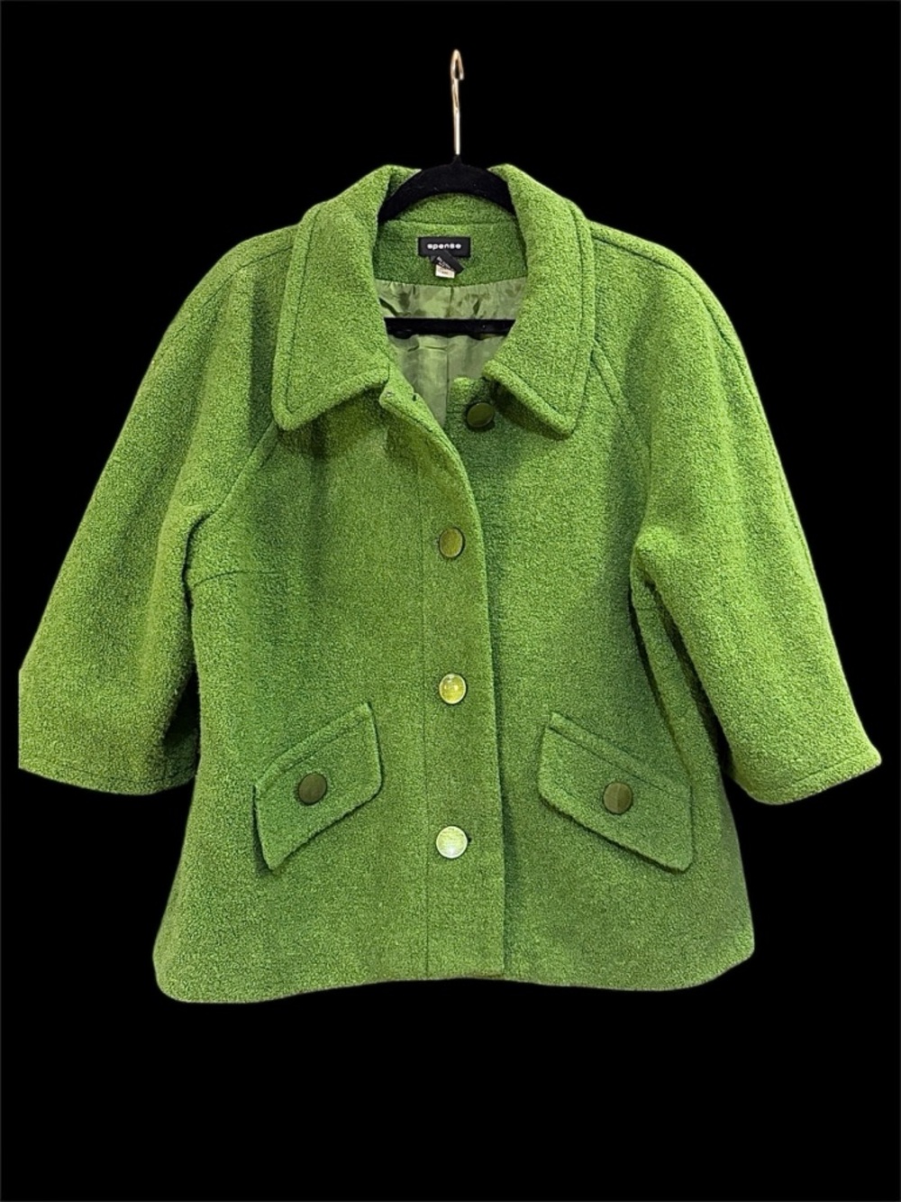 Green Bouclé Marked Wool Button-Front Coat Size XL